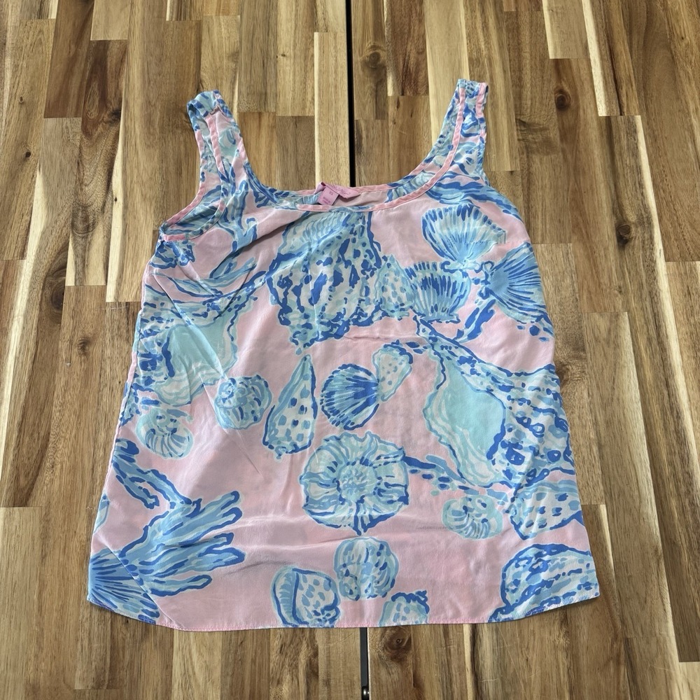 Lilly Pulitzer Tank Top Womens XS Pink Blue 100% Silk Shell Print Beach Preppy
